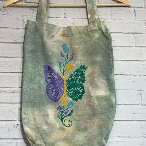 Hand Painted Tie Dye Floral Butterfly Canvas Tote Bag Green Purple Yellow
